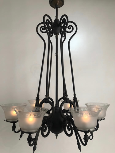 Greek Key Shades with this Antique Pair of 6-light Gas Chandeliers, Circa 1895